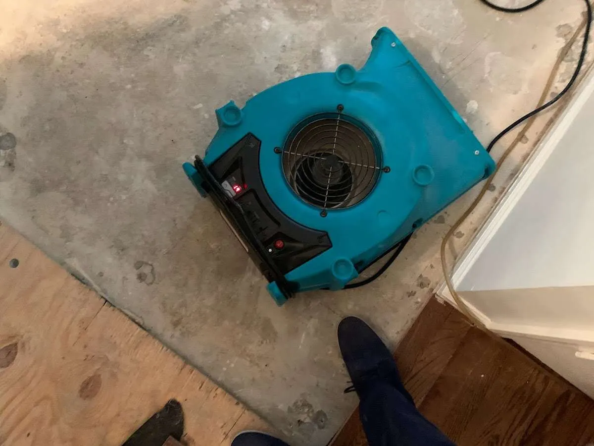 Air mover drying subfloor during Leak Detection & Repair in Lewiston